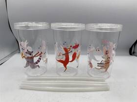 638-732 Crate & Barrel And Kids Band Animals Lot Of 3 Plastic 8oz Cup With Lid Straw