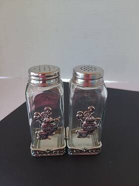 El0565 Ganz Tea Pot Salt And Pepper Shaker Set Clear Glass Silver Accents