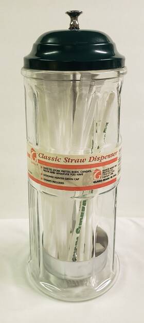 Gemco 071525006761 Vintage Green Lid Heavy Glass Straw Dispenser / Holder Freeport Ny 1995