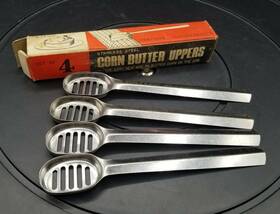 7606 Our Own Import Rare Vintage Set Of 4 Stainless Steel Corn Butter Uppers Japan Original Box