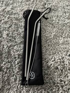 100092 Pampered Chef Metal Drinking Straws Carrying Bag Cleaning Brush