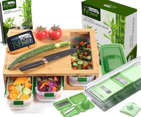 Roman Ventures 696302711616 Smart Bamboo Cutting Board With Containers Locking Lid And Built-in Grater. E