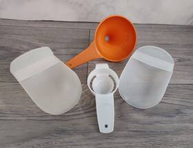 2-rocker Tupperware 292-7 Vintage Scoops 1-orange Funnel And 1-white Egg Separator