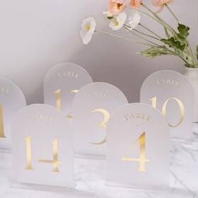 Uniqooo Tn57arfrgd Frosted Arch Wedding Table Numbers With Stands 1-30 Gold Foil Printed 5x7 Ac