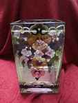 Amia Studios Hand Painted Stained Glass Vase 6" Tall Pansies. 2.5 Lbs. Fixed Price $12.00.