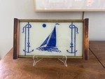 Vintage 20S/30S Art Deco Nautical Glass & Wood Sailboat Rope Tray, 7 X 13 3/8. Fixed Price $124.99.