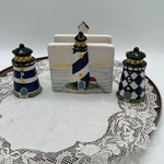 Lighthouse Salt And Pepper With Matching Napkin Holder Vintage Collections Etc,. Fixed Price $12.95.