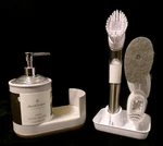 Stoneware Kitchen Sink Caddy W/clear Soap Pump And Dispensing Brush Set. Fixed Price $20.00.