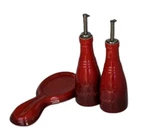 Crueset Cerise Red Ceramic Oil & Vinegar Bottle Plus Spoon Rest.. Fixed Price $69.00.