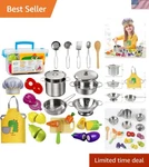 Play Kitchen Accessories, Wooden Food, Cooking Set With Stainless Steel .... Fixed Price $57.92.