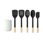 6-PIECE Silicone Tool Set With Ceramic Crock, Black Sesame. Fixed Price $35.96.