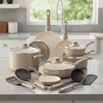 16-PIECE Taupe Nonstick Cookware Set Non-toxic Ceramic Safe For All Stovetops. Fixed Price $177.90.