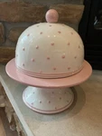 Rare Magenta Pink Polka Dot Pedestal Cake Stand Dessert Plate Matching Creamer. Fixed Price $115.00.