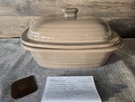 Pampered Chef Deep Covered Baker Taupe Stoneware #1358 Box Scraper Open. Fixed Price $69.99.