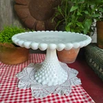 Vintage Duncan & Miller Milk Glass Old Giant Hobnail Pedestal Cake Stand. Fixed Price $315.00.