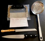 Vtg Utensils-pampered Chef-long Strainer-serrated Bread Knife-henckels Carver. Fixed Price $21.00.