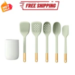 Beautiful 6 Piece Silicone Tool Set With Ceramic Crock Sage Green. Fixed Price $37.99.
