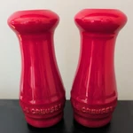 Le Creuset Salt Pepper Shakers (2) 4.75" Tall Red Cerise Ombre - No Box. Fixed Price $15.99.