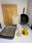 Kitchen Utensil Lot Farberware Cutting Board Mirro Wok Funnels Baskets. Fixed Price $11.99.