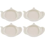 Set Of Four White Tea Pot Style Bag Caddy Holder Coaster Spoon Rest. Fixed Price $7.49.