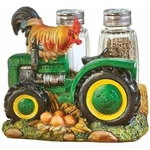Rooster Green Tractor Salt Pepper Set Stoneware Holder Glass Country Kitchen. Fixed Price $19.82.