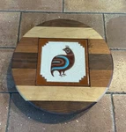 12 Mixed Woods Lazy Susan With Handmade Bird Tile Native American Tecolote Nm. Fixed Price $75.00.