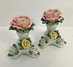 Set Of 2 Vintage Porcelain Floral Taper Candle Holders Applied Pastel Roses 4". Fixed Price $9.99.