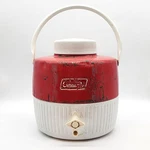 Vtg Coleman Water Jug Cooler With Push Button Spout - 1 Gallon Red & White. Fixed Price $20.00.