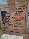 Vintage Original Garden Way Squeezo Strainer With Instructions & Box. Fixed Price $59.00.
