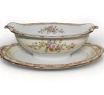 Vtg Noritake China Gravy Boat 9" Serve Japan Floral White Cream Attached Dish. Fixed Price $19.95.