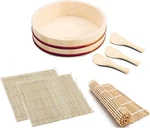 Sushi Making Kit With Wooden Hangiri Rice Mixing Tub 10", 3 Bamboo Rolli. Fixed Price $42.99.