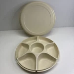 Vintage Tupperware Divided Chip And Dip Bowl With Lid 1665-2, 1666-4 Beige. Fixed Price $15.99.