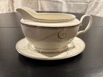 Noritake Porcelain Platinum Wave 9319 Gravy Boat With Separate Underplate - New. Fixed Price $20.00.