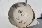 Antique Japanese Folk Art Stoneware Washing Bowl Depicting Lake Boating Scene. Fixed Price $175.00.