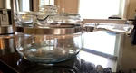 Vintage Mid Century Pyrex Two Quart Flameware 6324B Sauce Pan Lid 6213C. Fixed Price $47.50.