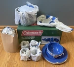 Coleman 16PC Blue Enamel Cookware Set Camping 815-852T Kettle Pot Pan Plate Mug. Fixed Price $85.00.