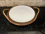Pampered Chef Woven Selections 17" Round Tray Wicker Rattan, White Platter. Fixed Price $56.99.