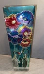 Amia Vase 10" Tall Hand-painted Stained Glass Flowers Blue Background. Fixed Price $32.00.