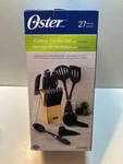 New Oster Lindbergh 27 Piece Black Handles Cutlery Combo Set With Pine Block. Fixed Price $14.99.