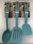 New Kitchenaid 3 Aqua Sky Haqa Slotted Lifter, Short Turner, And Basting Spoon. Fixed Price $35.70.