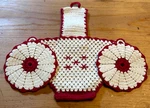 Nos Vtg Handmade Crochet Flower Basket W/ 2 Pot Holders Kitchen Trivet Red White. Fixed Price $14.95.
