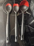 Creuset Slotted Spoon, Spatula, Ladle Red Black Silicone Kitchen Utensils. Fixed Price $22.95.