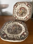 Vtg Set Of 4 Johnson Brothers Square Salad Plate His Majesty Turkey Thanksgiving. Fixed Price $59.99.