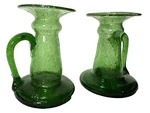 Set Of 2 Green Blown Bubble Candle Holders Applied Handle Egypt Vtg. Fixed Price $17.98.