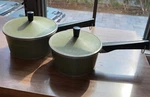 Graham Kerr 2 Pots With Lids Mcm Green Enamel Australia Sauce Pan Black Handle. Fixed Price $95.00.