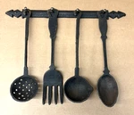 Vtg Early American Style Cast Iron Kitchen Tools Utensils Wall Hanger 5 Pieces. Fixed Price $19.00.