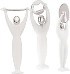 Bugatti Kitchen Utensil Set Pizza Cutter, Peeler, Bottle Opener White. Fixed Price $70.00.
