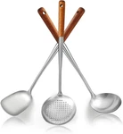 Wok Spatula Set 17", Heat Resistant Wood Handle Stainless Steel Tools, Ladle. Fixed Price $25.58.