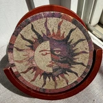 Dark Wood Pedestal Holder W/4 Thirstystone Sun Coasters. Fixed Price $45.00.
