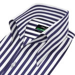 High Open Down Collar Buttonless Navy Blue Awning Stripes Men Party Shirt. Fixed Price $144.00.